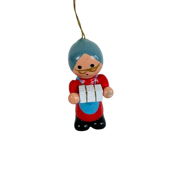 Vintage Miniature Hand Painted Grandmother Carrying Box Wood Christmas Ornament - Picture 1 of 2